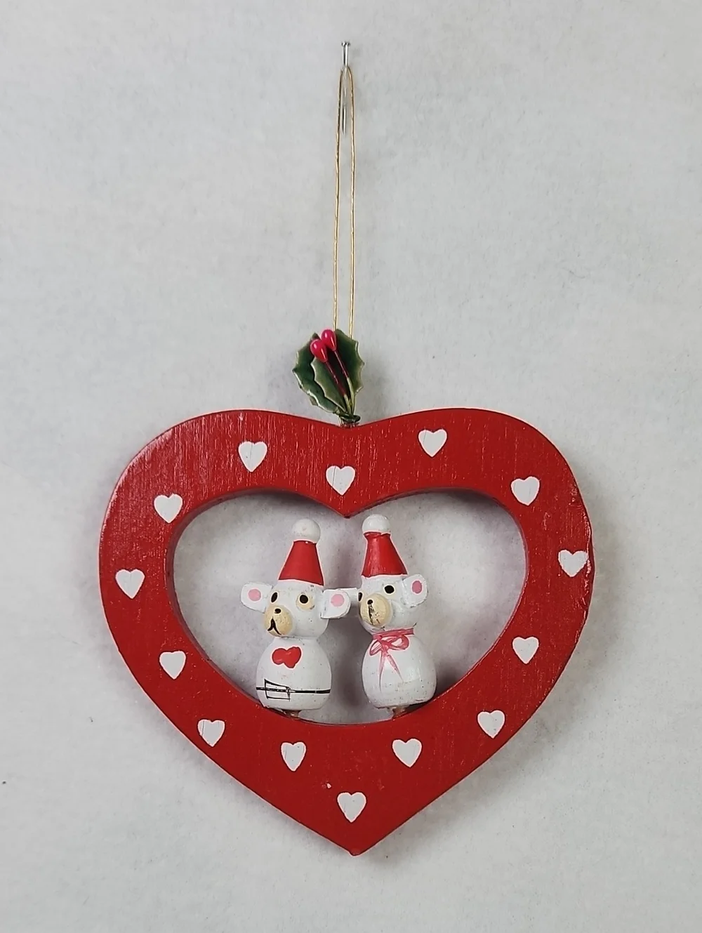 Avon Vintage 1980 Red and White Heart-Shaped Christmas  Ornament with Bear, Hats